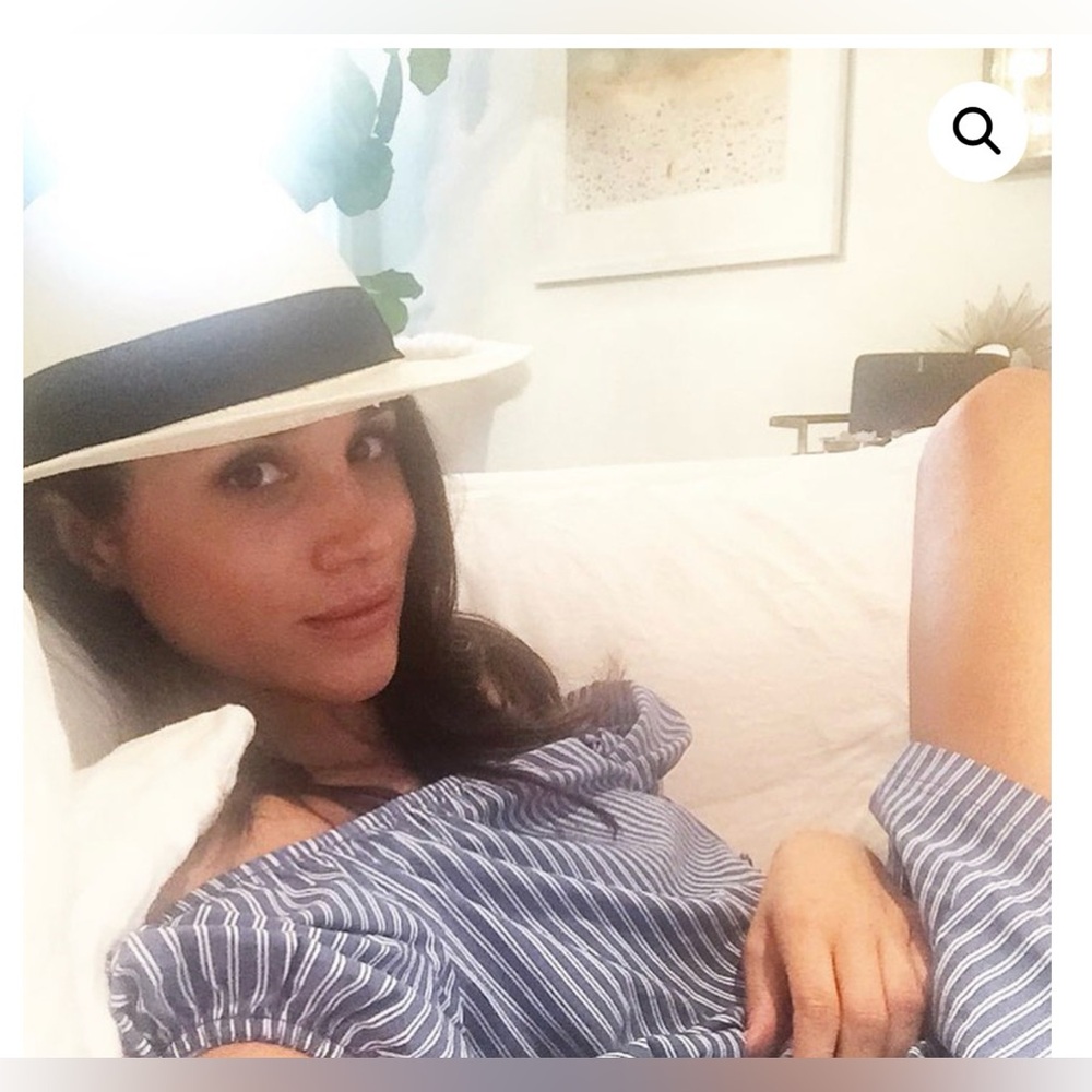 Zara Oxford Blue Off the Shoulder Stripe Midi Dress ASO Meghan Markle